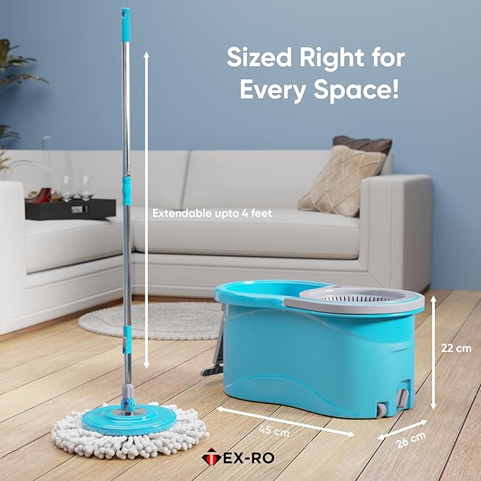 Mopzy 360° Spin Mop & Bucket System with Hands-Free Wringer | 2 Microfiber Heads | Easy Drain | Stainless Steel Handle