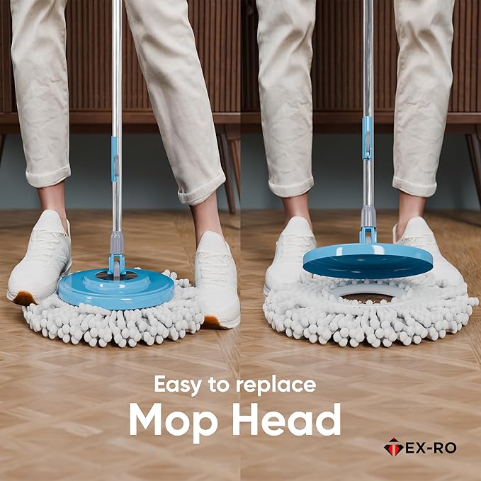 Mopzy 360° Spin Mop & Bucket System with Hands-Free Wringer | 2 Microfiber Heads | Easy Drain | Stainless Steel Handle
