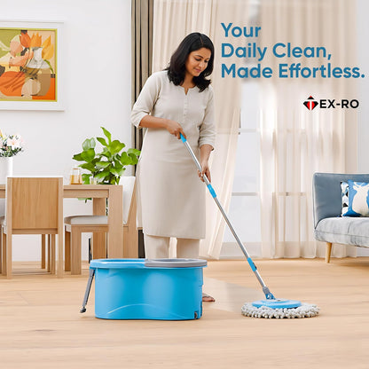 Mopzy 360° Spin Mop & Bucket System with Hands-Free Wringer | 2 Microfiber Heads | Easy Drain | Stainless Steel Handle