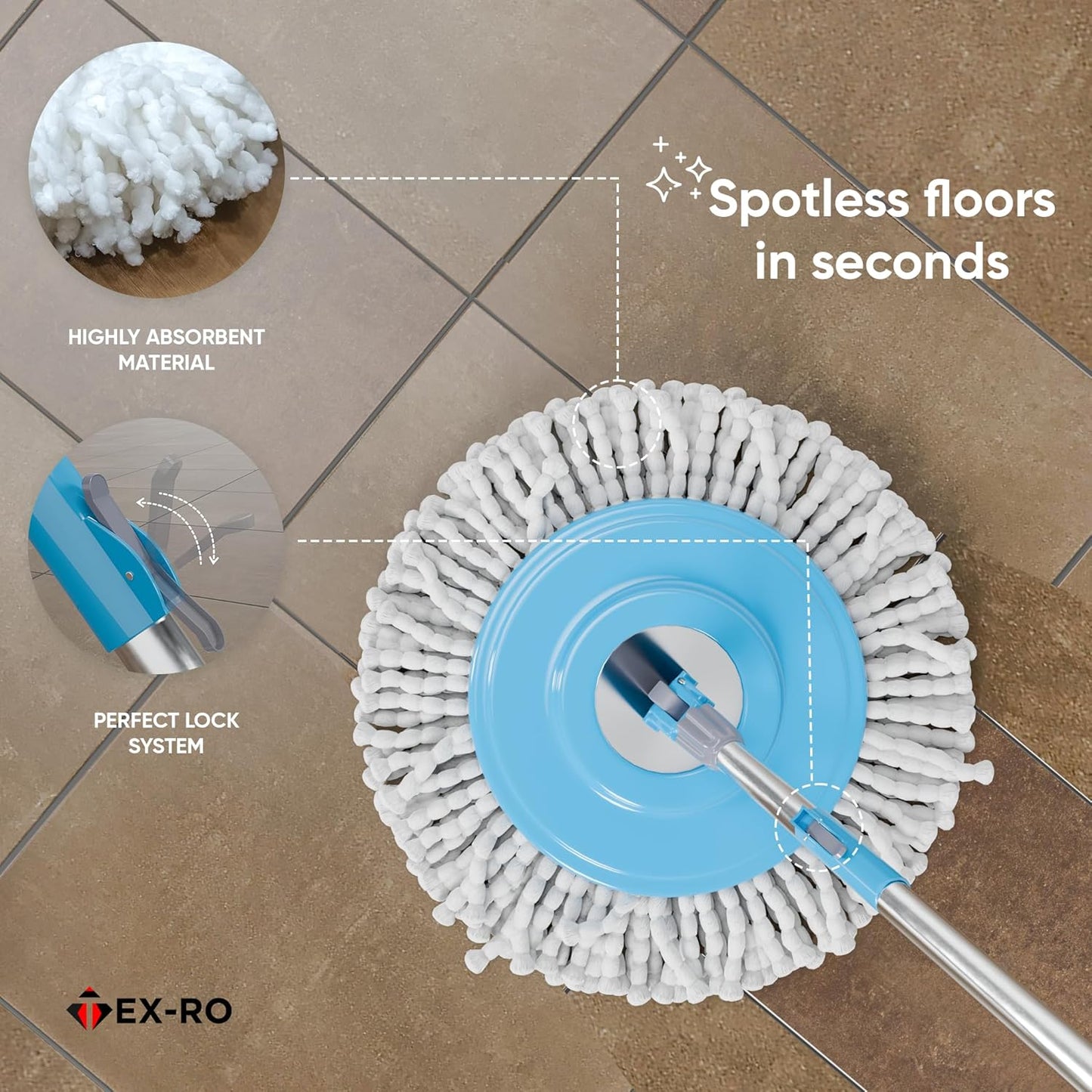 Mopzy 360° Spin Mop & Bucket System with Hands-Free Wringer | 2 Microfiber Heads | Easy Drain | Stainless Steel Handle